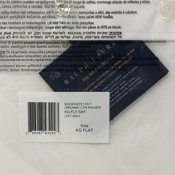 Ralph Lauren Organic Cotton Percale Palmer King Flat Sheet White Loft Gray New - Picture 2 of 9